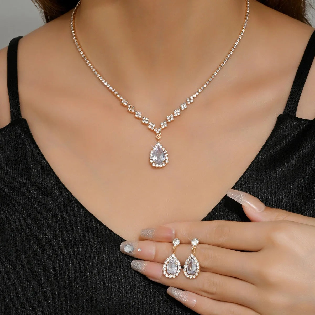 Luxury zircon stud earrings and necklace set in stainless steel by DealPick