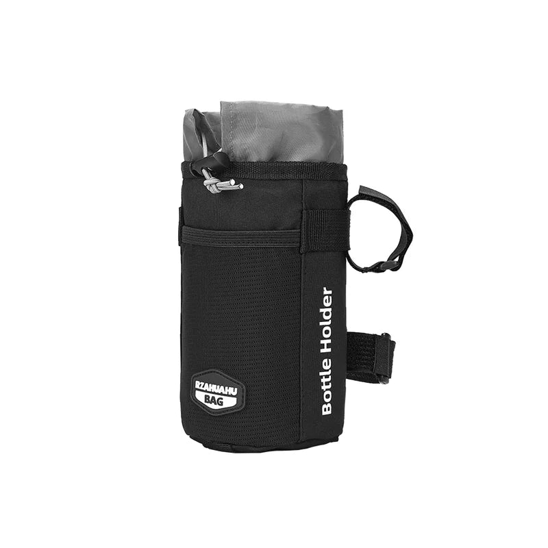 Insulated handlebar bike bag holding water bottle on MTB bicycle handlebar