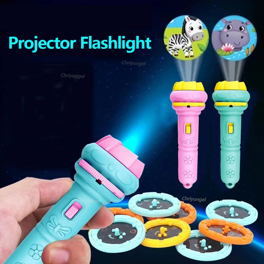 Kids projector flashlight displaying 80 colourful bedtime story patterns on bedroom wall