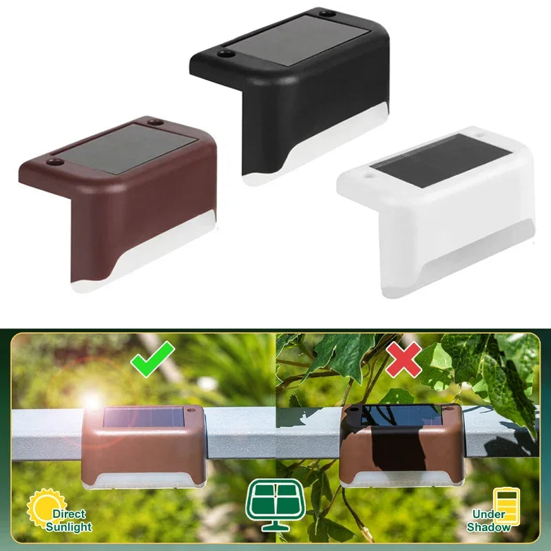 Solar-powered decorative step light installed on outdoor garden stairs at night
