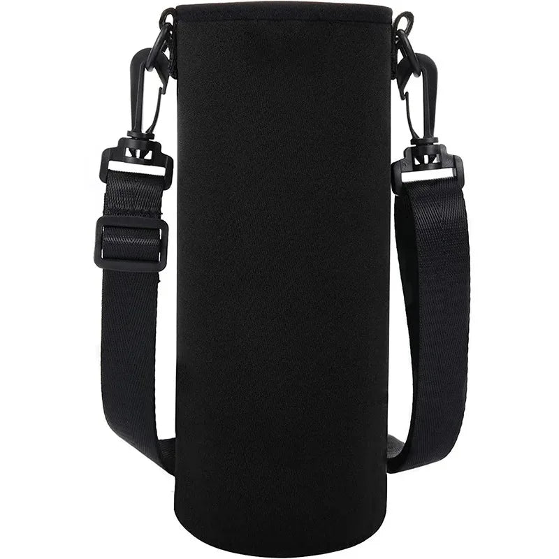 Insulated neoprene water bottle holder with adjustable shoulder strap in multiple sizes